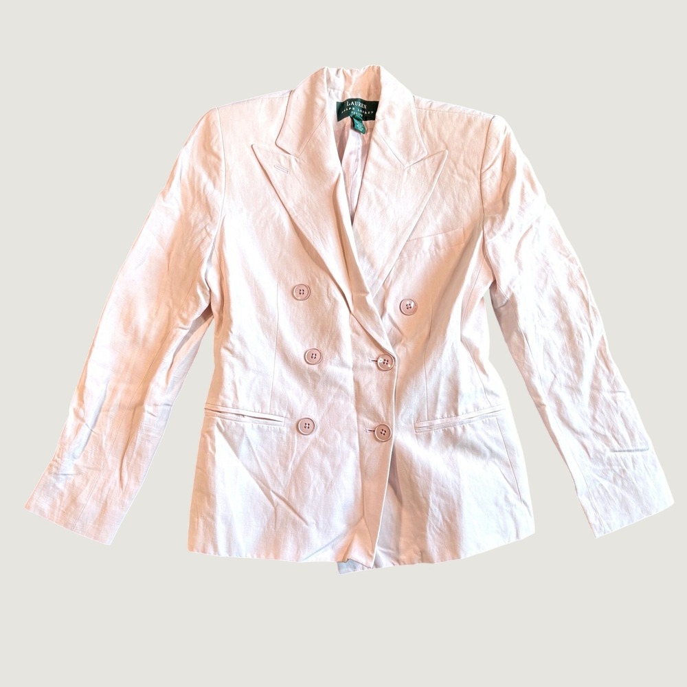 Lauren Ralph Lauren Womens Blazer 4P Pink Linen Double Breasted Peak Lapel